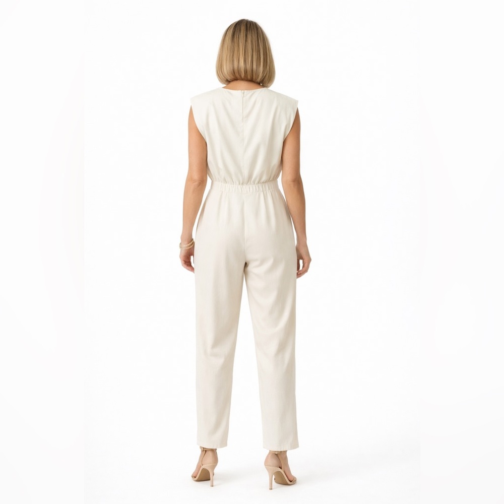 Cream Sleeveless Jumpsuit | Minimalist Chic Tailored Size M (6) Neutral - Picture 3 of 5